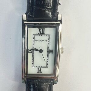 Vintage Liz Claiborne Silver Watch with Black Leather Band